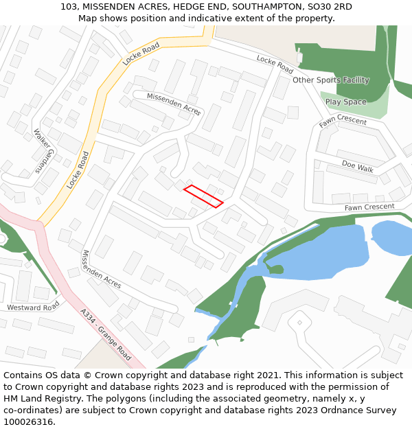 103, MISSENDEN ACRES, HEDGE END, SOUTHAMPTON, SO30 2RD: Location map and indicative extent of plot