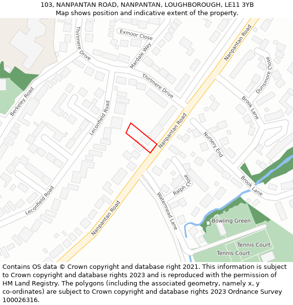 103, NANPANTAN ROAD, NANPANTAN, LOUGHBOROUGH, LE11 3YB: Location map and indicative extent of plot