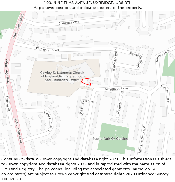103, NINE ELMS AVENUE, UXBRIDGE, UB8 3TL: Location map and indicative extent of plot
