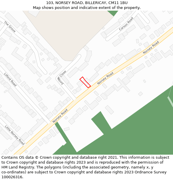 103, NORSEY ROAD, BILLERICAY, CM11 1BU: Location map and indicative extent of plot