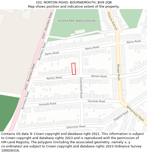 103, NORTON ROAD, BOURNEMOUTH, BH9 2QB: Location map and indicative extent of plot