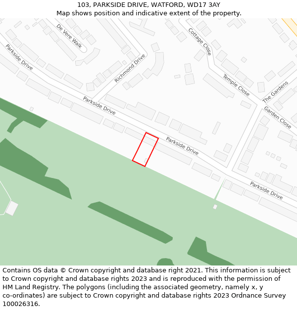 103, PARKSIDE DRIVE, WATFORD, WD17 3AY: Location map and indicative extent of plot