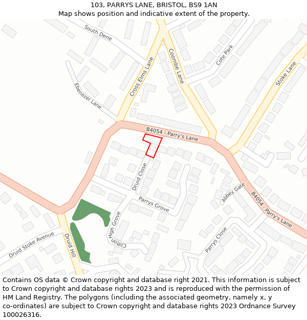 103, PARRYS LANE, BRISTOL, BS9 1AN: Location map and indicative extent of plot