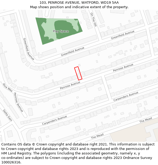 103, PENROSE AVENUE, WATFORD, WD19 5AA: Location map and indicative extent of plot