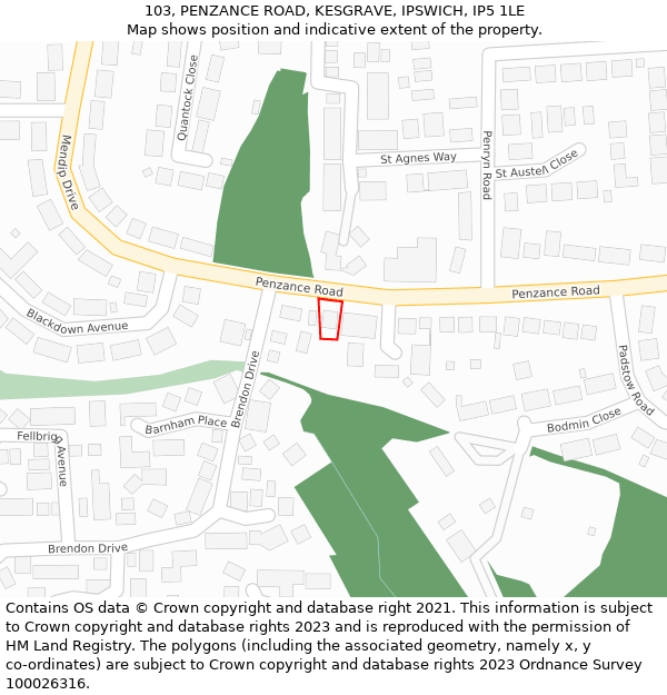 103, PENZANCE ROAD, KESGRAVE, IPSWICH, IP5 1LE: Location map and indicative extent of plot