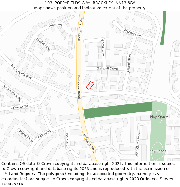 103, POPPYFIELDS WAY, BRACKLEY, NN13 6GA: Location map and indicative extent of plot