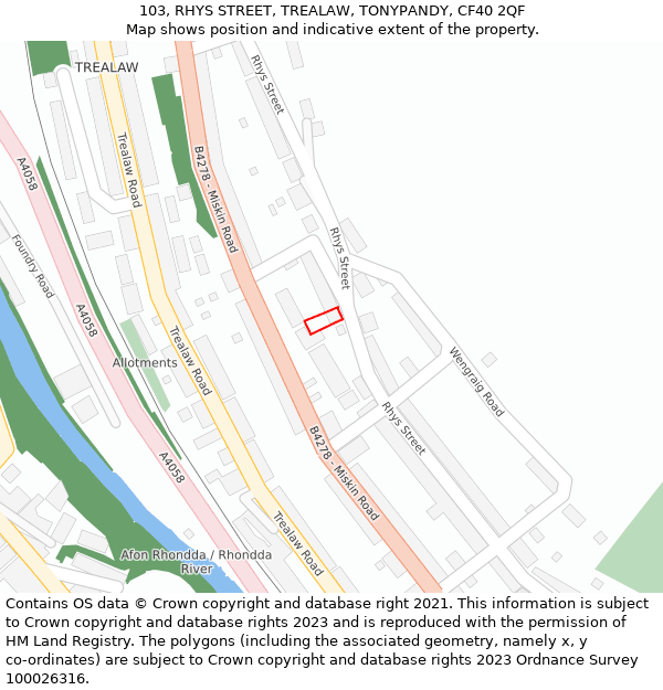 103, RHYS STREET, TREALAW, TONYPANDY, CF40 2QF: Location map and indicative extent of plot