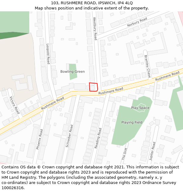 103, RUSHMERE ROAD, IPSWICH, IP4 4LQ: Location map and indicative extent of plot