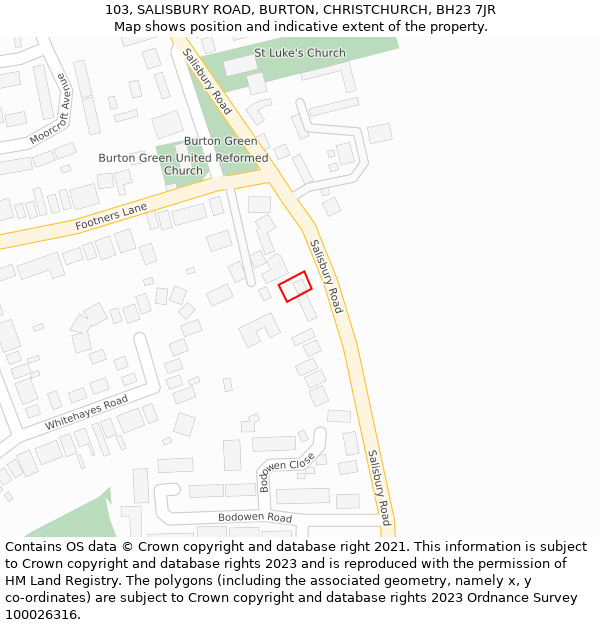 103, SALISBURY ROAD, BURTON, CHRISTCHURCH, BH23 7JR: Location map and indicative extent of plot