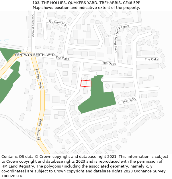 103, THE HOLLIES, QUAKERS YARD, TREHARRIS, CF46 5PP: Location map and indicative extent of plot