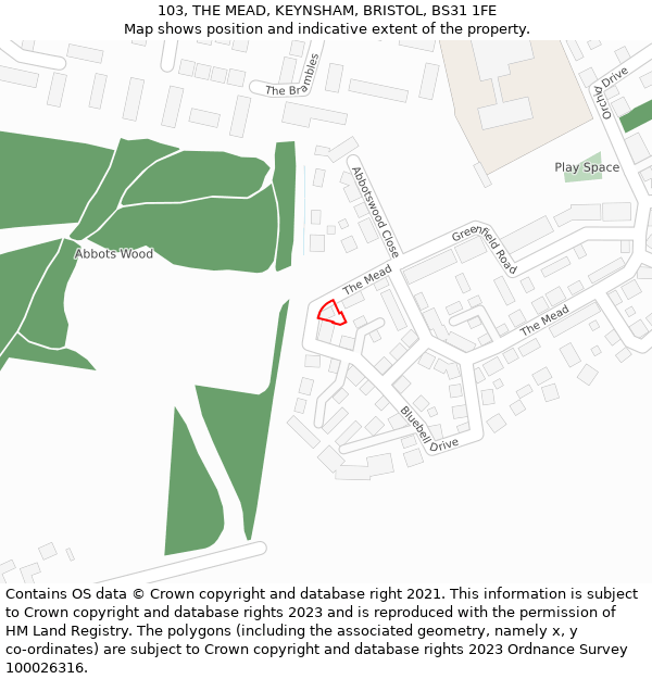 103, THE MEAD, KEYNSHAM, BRISTOL, BS31 1FE: Location map and indicative extent of plot