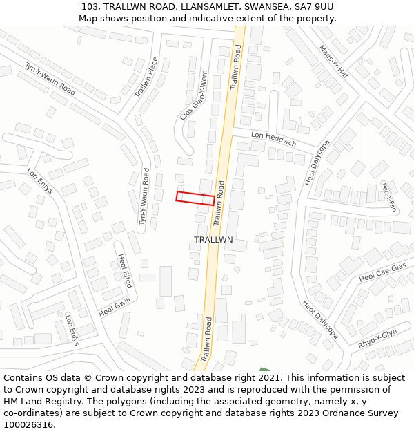 103, TRALLWN ROAD, LLANSAMLET, SWANSEA, SA7 9UU: Location map and indicative extent of plot