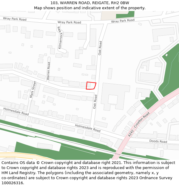 103, WARREN ROAD, REIGATE, RH2 0BW: Location map and indicative extent of plot