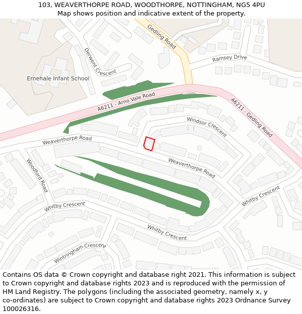 103, WEAVERTHORPE ROAD, WOODTHORPE, NOTTINGHAM, NG5 4PU: Location map and indicative extent of plot