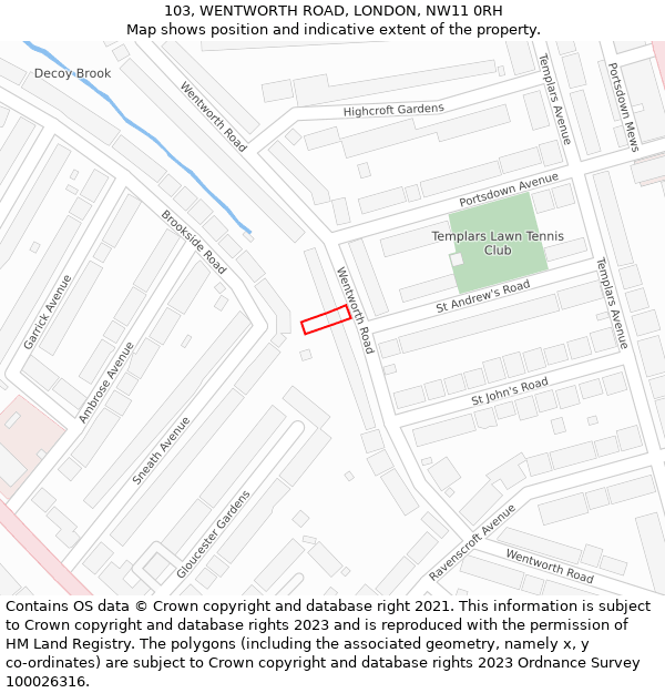 103, WENTWORTH ROAD, LONDON, NW11 0RH: Location map and indicative extent of plot