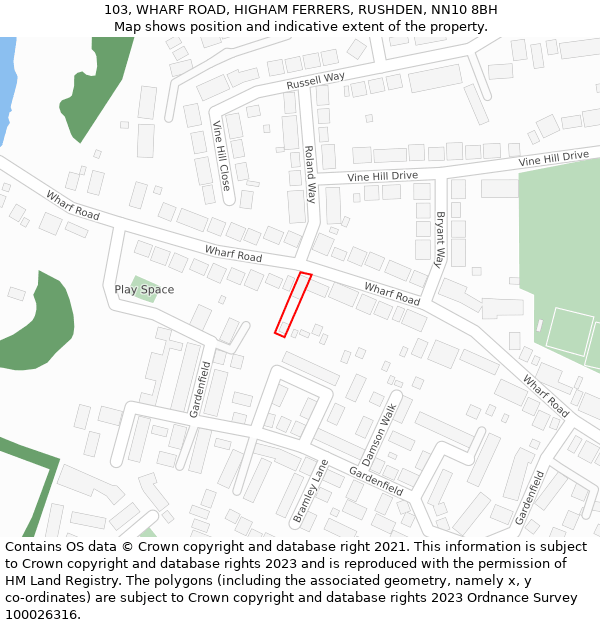 103, WHARF ROAD, HIGHAM FERRERS, RUSHDEN, NN10 8BH: Location map and indicative extent of plot