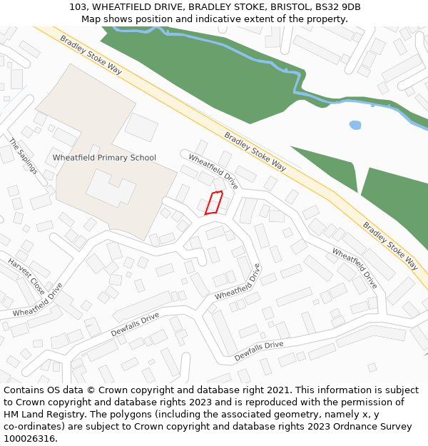 103, WHEATFIELD DRIVE, BRADLEY STOKE, BRISTOL, BS32 9DB: Location map and indicative extent of plot