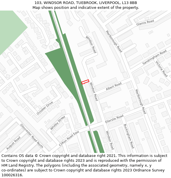 103, WINDSOR ROAD, TUEBROOK, LIVERPOOL, L13 8BB: Location map and indicative extent of plot