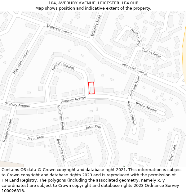 104, AVEBURY AVENUE, LEICESTER, LE4 0HB: Location map and indicative extent of plot