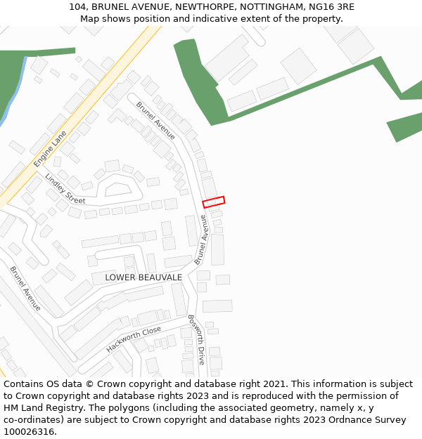 104, BRUNEL AVENUE, NEWTHORPE, NOTTINGHAM, NG16 3RE: Location map and indicative extent of plot