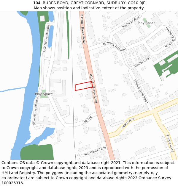 104, BURES ROAD, GREAT CORNARD, SUDBURY, CO10 0JE: Location map and indicative extent of plot