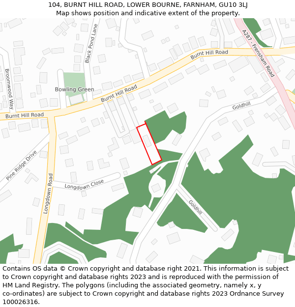 104, BURNT HILL ROAD, LOWER BOURNE, FARNHAM, GU10 3LJ: Location map and indicative extent of plot