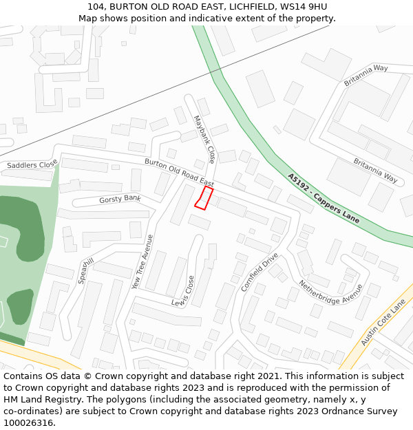 104, BURTON OLD ROAD EAST, LICHFIELD, WS14 9HU: Location map and indicative extent of plot