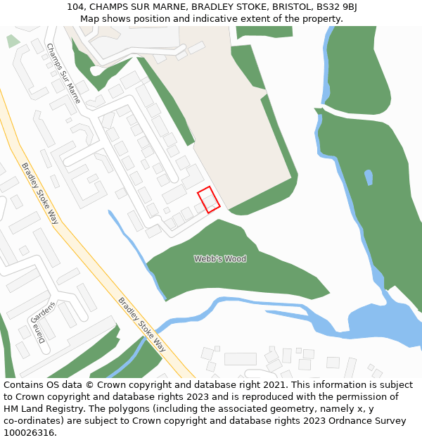 104, CHAMPS SUR MARNE, BRADLEY STOKE, BRISTOL, BS32 9BJ: Location map and indicative extent of plot