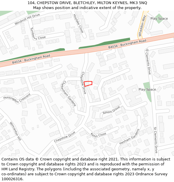 104, CHEPSTOW DRIVE, BLETCHLEY, MILTON KEYNES, MK3 5NQ: Location map and indicative extent of plot