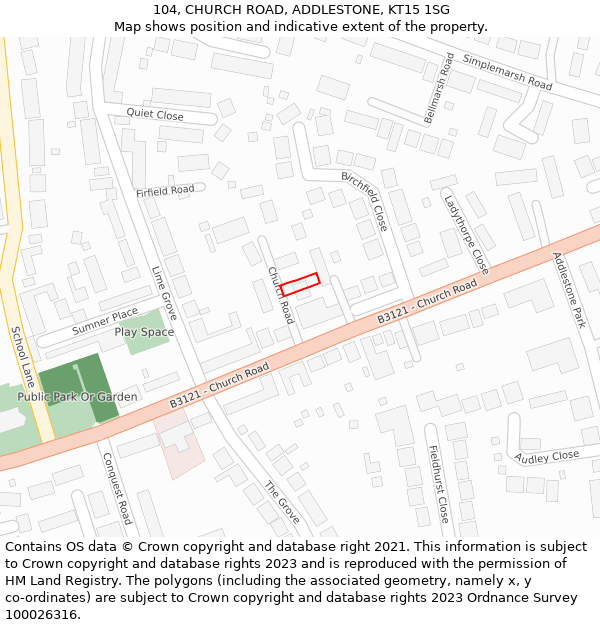 104, CHURCH ROAD, ADDLESTONE, KT15 1SG: Location map and indicative extent of plot