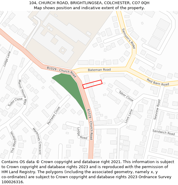 104, CHURCH ROAD, BRIGHTLINGSEA, COLCHESTER, CO7 0QH: Location map and indicative extent of plot