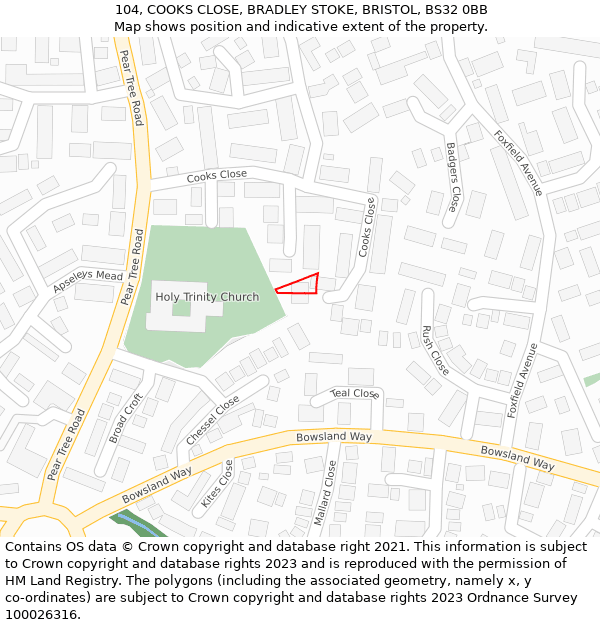 104, COOKS CLOSE, BRADLEY STOKE, BRISTOL, BS32 0BB: Location map and indicative extent of plot