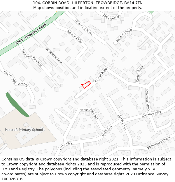 104, CORBIN ROAD, HILPERTON, TROWBRIDGE, BA14 7FN: Location map and indicative extent of plot