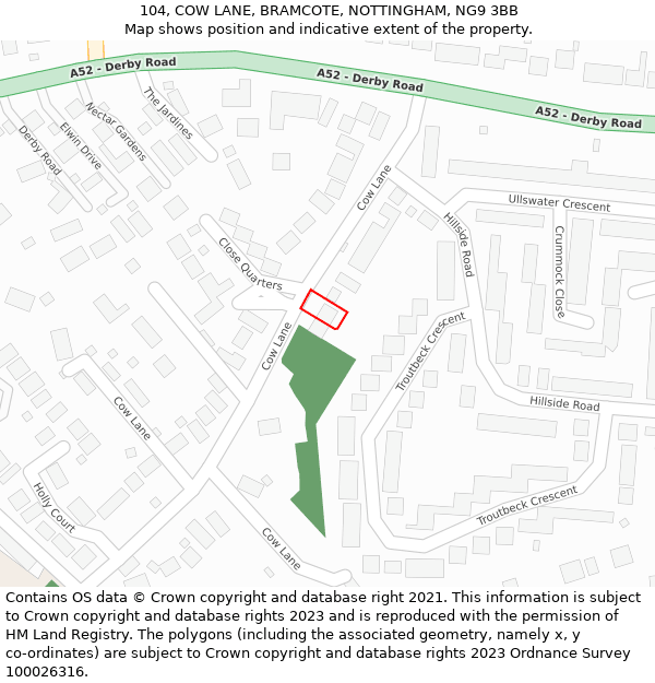 104, COW LANE, BRAMCOTE, NOTTINGHAM, NG9 3BB: Location map and indicative extent of plot