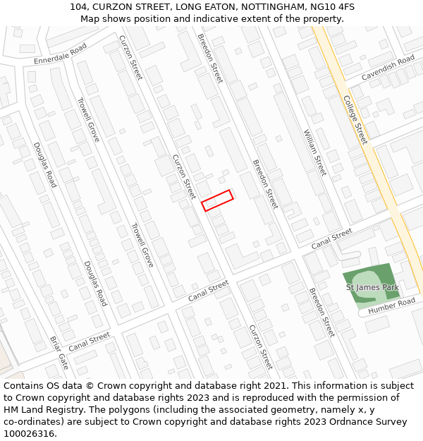 104, CURZON STREET, LONG EATON, NOTTINGHAM, NG10 4FS: Location map and indicative extent of plot