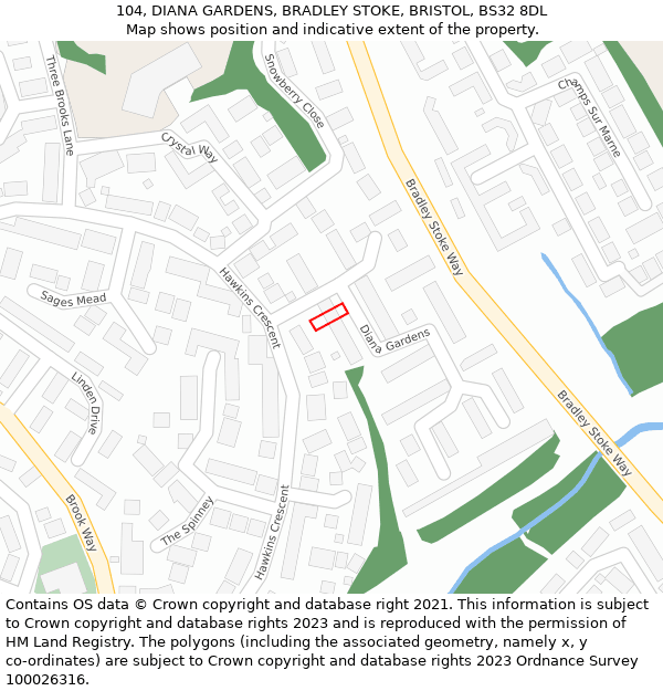 104, DIANA GARDENS, BRADLEY STOKE, BRISTOL, BS32 8DL: Location map and indicative extent of plot