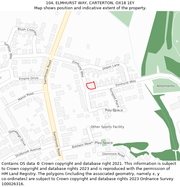 104, ELMHURST WAY, CARTERTON, OX18 1EY: Location map and indicative extent of plot