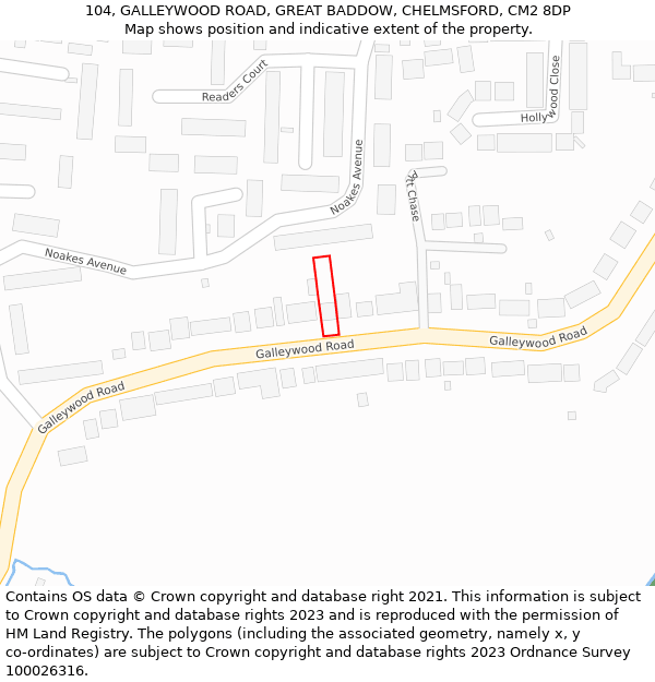 104, GALLEYWOOD ROAD, GREAT BADDOW, CHELMSFORD, CM2 8DP: Location map and indicative extent of plot