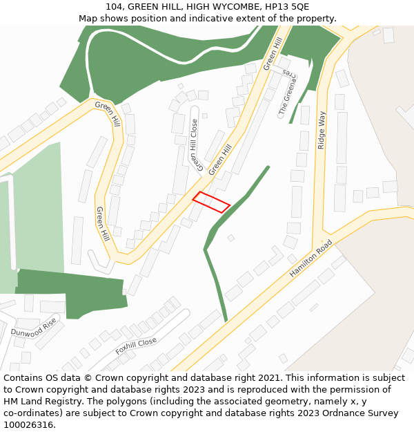 104, GREEN HILL, HIGH WYCOMBE, HP13 5QE: Location map and indicative extent of plot