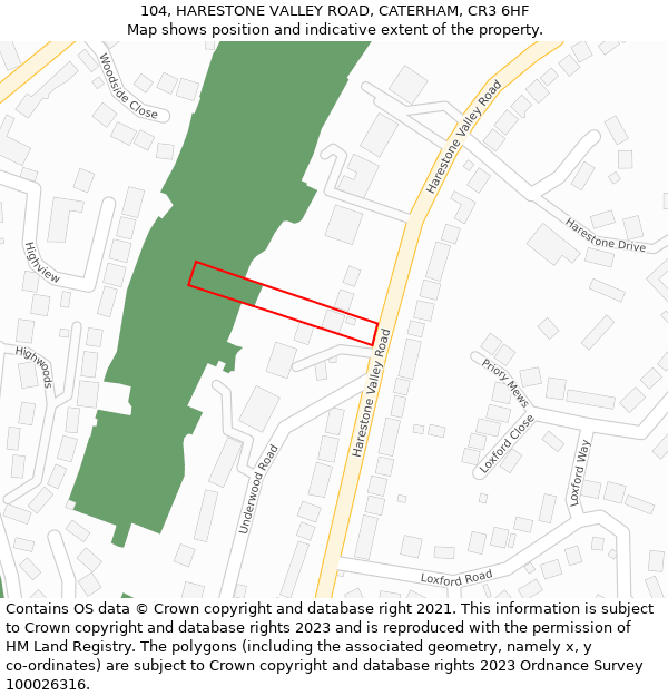 104, HARESTONE VALLEY ROAD, CATERHAM, CR3 6HF: Location map and indicative extent of plot