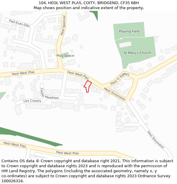 104, HEOL WEST PLAS, COITY, BRIDGEND, CF35 6BH: Location map and indicative extent of plot