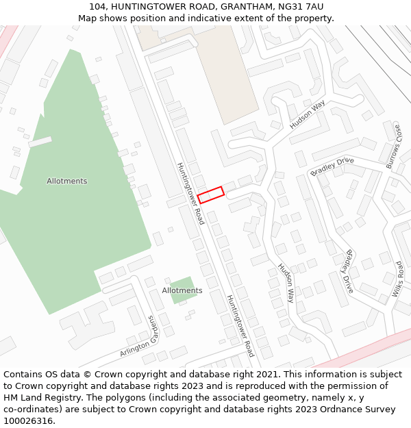 104, HUNTINGTOWER ROAD, GRANTHAM, NG31 7AU: Location map and indicative extent of plot
