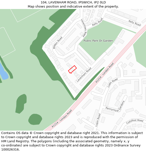 104, LAVENHAM ROAD, IPSWICH, IP2 0LD: Location map and indicative extent of plot