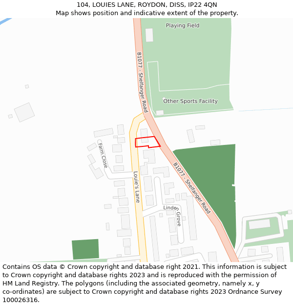 104, LOUIES LANE, ROYDON, DISS, IP22 4QN: Location map and indicative extent of plot