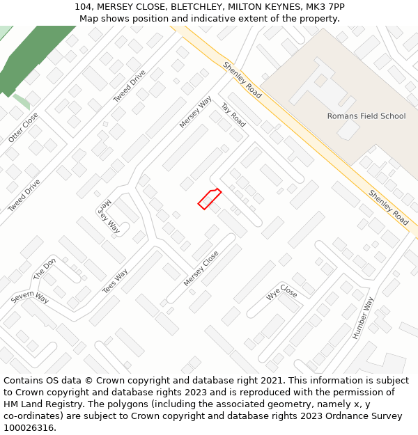 104, MERSEY CLOSE, BLETCHLEY, MILTON KEYNES, MK3 7PP: Location map and indicative extent of plot