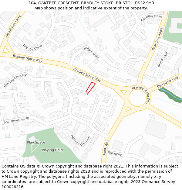 104, OAKTREE CRESCENT, BRADLEY STOKE, BRISTOL, BS32 9AB: Location map and indicative extent of plot