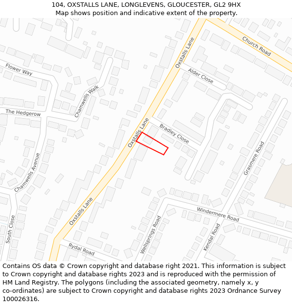 104, OXSTALLS LANE, LONGLEVENS, GLOUCESTER, GL2 9HX: Location map and indicative extent of plot