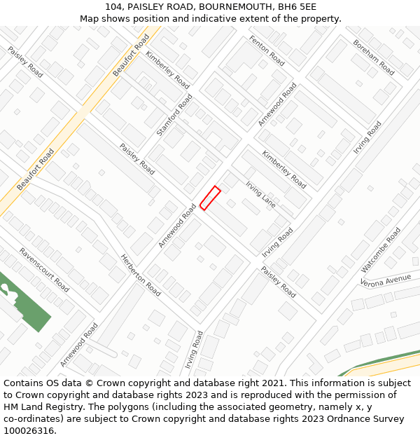104, PAISLEY ROAD, BOURNEMOUTH, BH6 5EE: Location map and indicative extent of plot