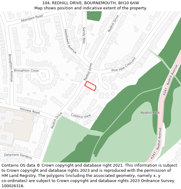 104, REDHILL DRIVE, BOURNEMOUTH, BH10 6AW: Location map and indicative extent of plot