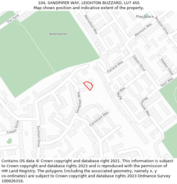 104, SANDPIPER WAY, LEIGHTON BUZZARD, LU7 4SS: Location map and indicative extent of plot